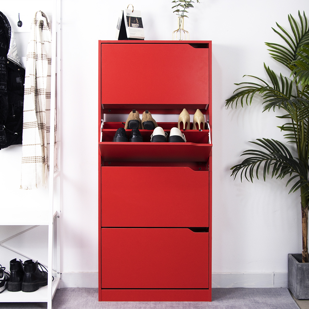 Bakaji Scarpiera Portascarpe In Legno Mdf Con 4 Ante Porta Scarpe A Ribalta Maniglie A Scomparsa Doppia Profondità Dimensioni Compatte Slim 63 X 24 X 150 Cm Salvaspazio Ingresso Casa (Rosso Vino)