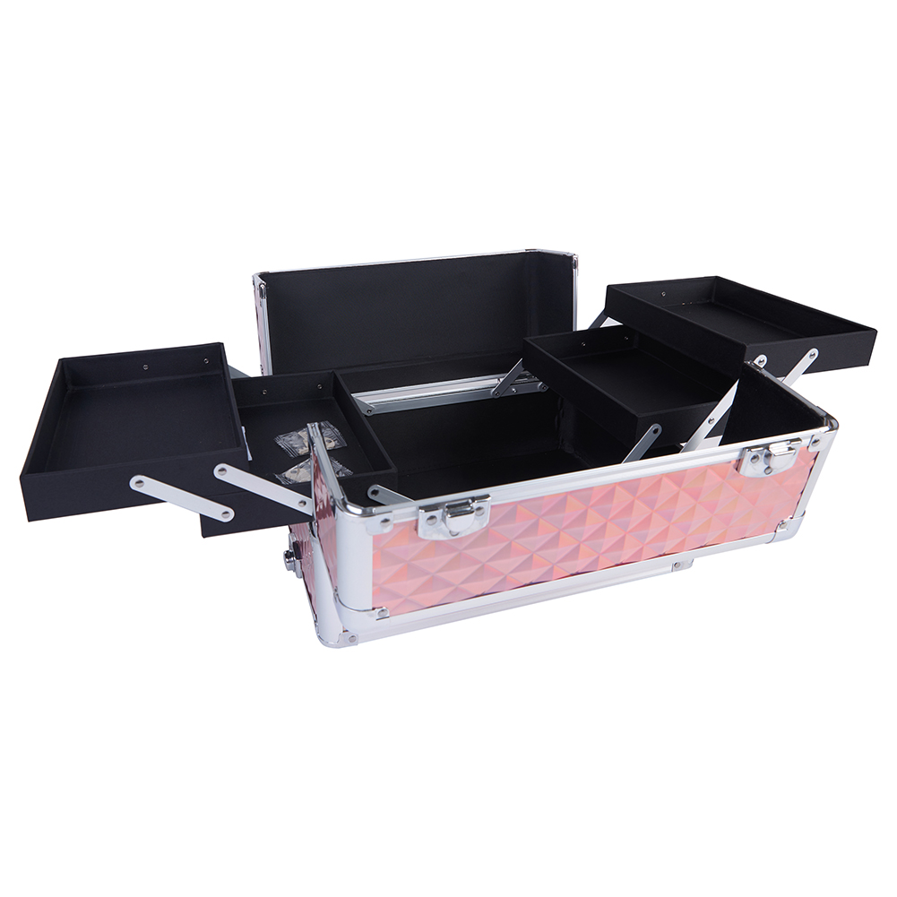 Bakaji Trolley Make Up 4 In 1 Professionale Con Trama Oleografica A Triangolare, Beauty Case Estetista Portatile, Valigia Porta Trucchi Con Ruote Staccabili, Valigetta Organizer Makeup Viaggio (Rosa)