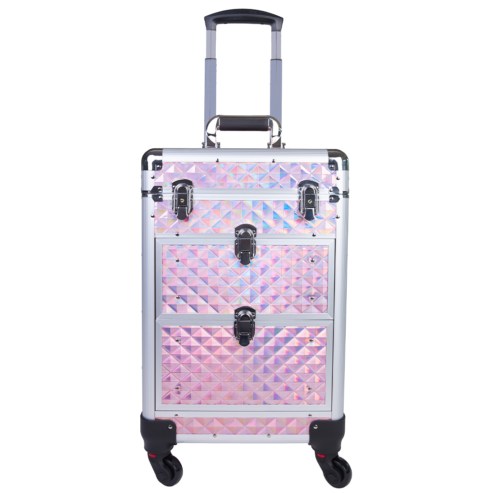 Bakaji Trolley Make Up Professionale, Beauty Case Estetista Portatile, Valigia Porta Trucchi Con Trama Oleografica A Triangolare E Ruote Staccabili, Valigetta Organizer Makeup Viaggio (Rosa)