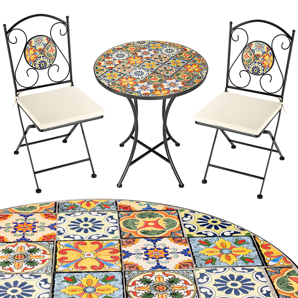 Set Tavolo e Sedie Pieghevoli con Cuscino Design Mosaico Arredo Esterno Giardino