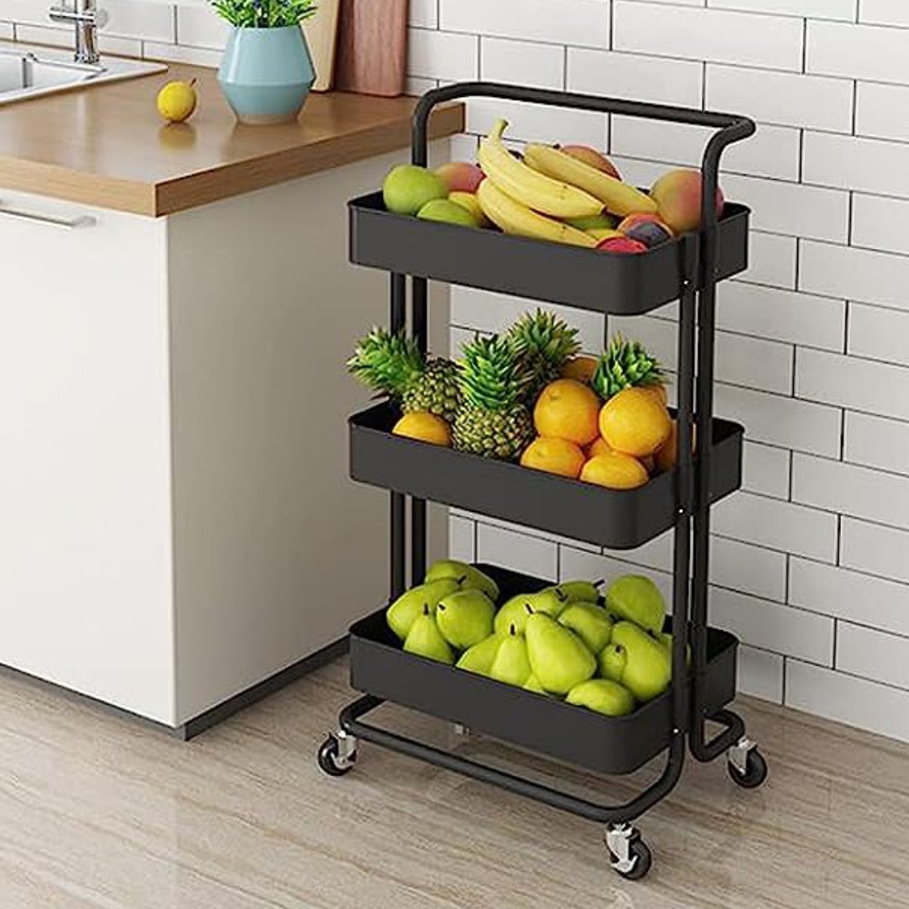 Image of Carrello Cucina Trolley in Metallo 3 Cesti 43x36 H85 4 Ruote Nero Salvaspazio