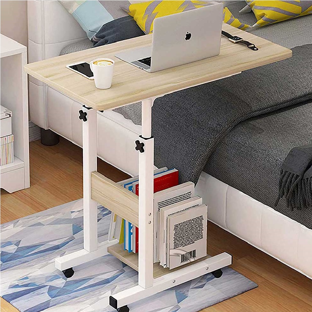 Image of Tavolino Scrivania Porta Computer Altezza Regolabile per Letto Divano 4Ruote Beige