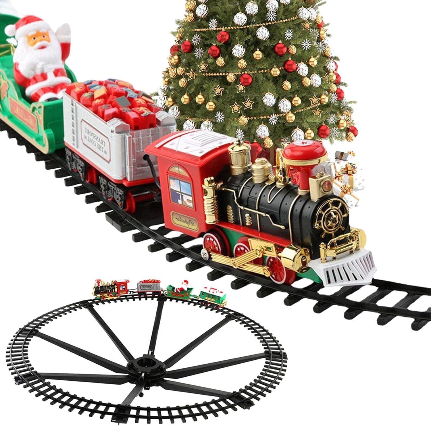Image of Trenino di Babbo Natale con Supporto per Centro Albero Luci e Suoni 89cm